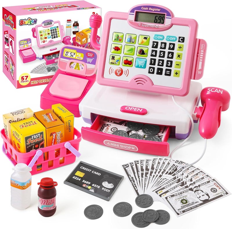 BAODLON Play Calculator Cash Register Toy Gift for Kids Girls Age 3, 4, 5, 6, 7, 8+ Year Old, 57 Pcs Pink Pretend Grocery Store Playset, Incl Microphone, Credit Card, Scanner, Fake Food, Play Money for Kids - Image 1